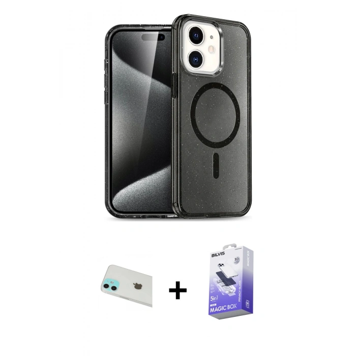 MARSİLYAN™- iPhone 12 Kılıf Nova Asil Prime - Siyah Bilvis 5in1 5D Magic Hayalet Cam Ekran Koruyucu + Rainbow Kamera Lens Koruma Cam - YL