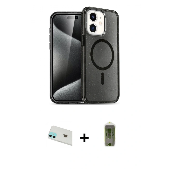 MARSİLYAN™- iPhone 12 Kılıf Nova Asil Prime - Siyah Joko Magic 5D Hayalet Cam + Rainbow Kamera Lens Koruma Cam - YL