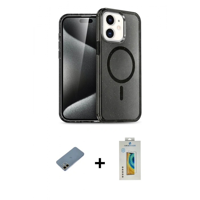 MARSİLYAN™- iPhone 12 Kılıf Nova Asil Prime - Siyah Polymer Nano Ekran Koruyucu + Shine Kamera Lens Koruma Cam - GD