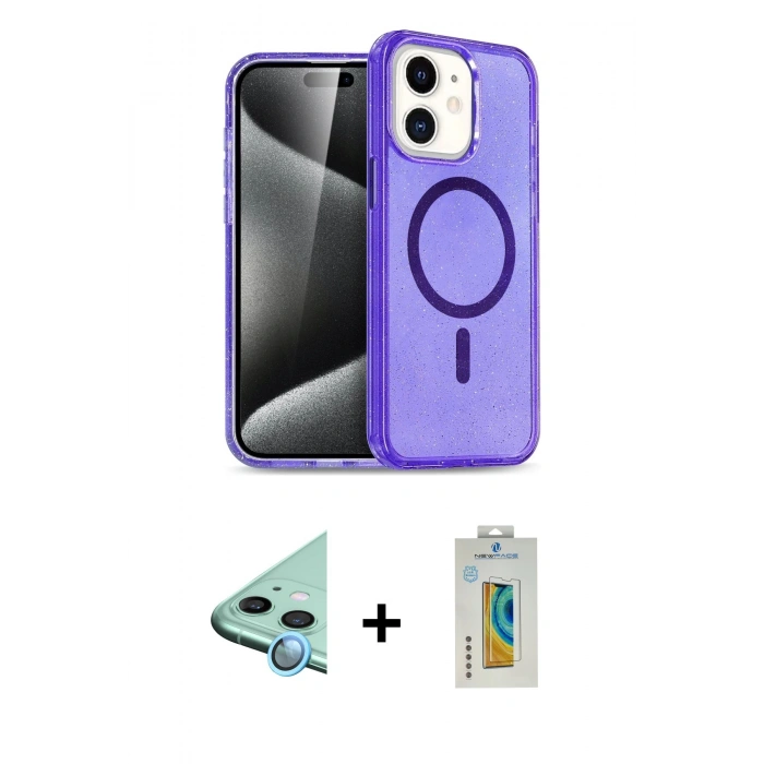 MARSİLYAN™- iPhone 12 Kılıf Nova Asil Prime - Siyah Polymer Nano Ekran Koruyucu + Mavi Raze Metal Kamera Lens