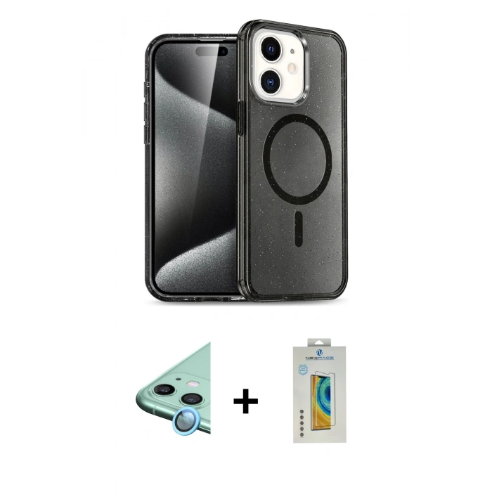 MARSİLYAN™- iPhone 12 Kılıf Nova Asil Prime - Siyah Polymer Nano Ekran Koruyucu + Mavi Raze Metal Kamera Lens