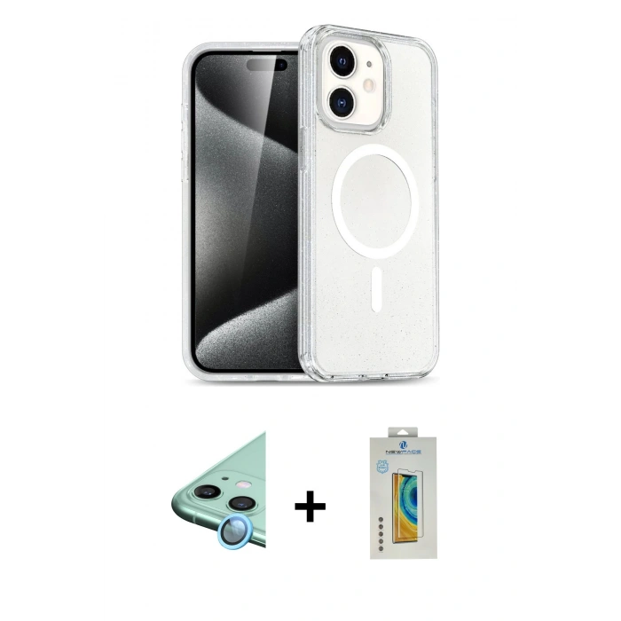 MARSİLYAN™- iPhone 12 Kılıf Nova Asil Prime - Siyah Polymer Nano Ekran Koruyucu + Mavi Raze Metal Kamera Lens