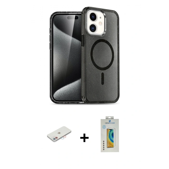 MARSİLYAN™- iPhone 12 Kılıf Nova Asil Prime - Siyah Polymer Nano Ekran Koruyucu + Renkli Kamera Lens Koruma Cam - PE