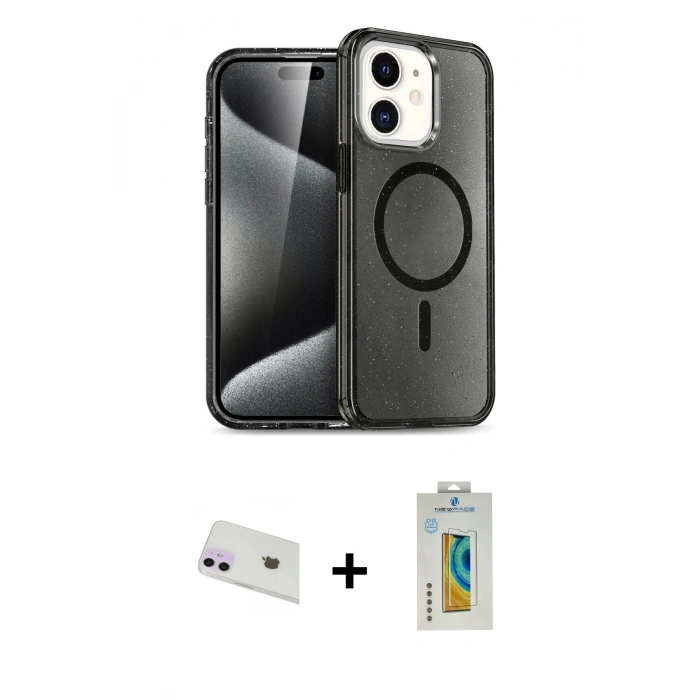 MARSİLYAN™- iPhone 12 Kılıf Nova Asil Prime - Siyah Polymer Nano Ekran Koruyucu + Rainbow Kamera Lens Koruma Cam - MR