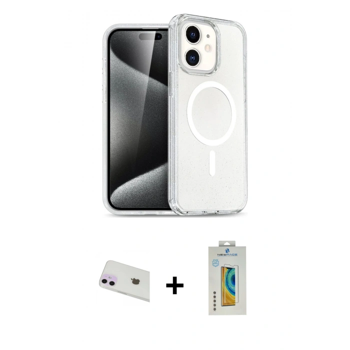 MARSİLYAN™- iPhone 12 Kılıf Nova Asil Prime - Siyah Polymer Nano Ekran Koruyucu + Rainbow Kamera Lens Koruma Cam - MR