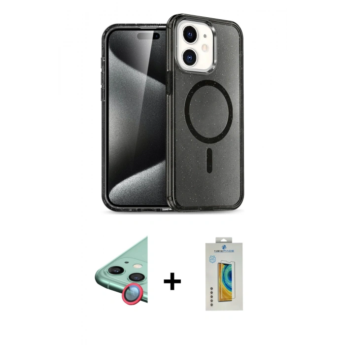 MARSİLYAN™- iPhone 12 Kılıf Nova Asil Prime - Siyah Polymer Nano Ekran Koruyucu + Raze Metal Kamera Lens - KI