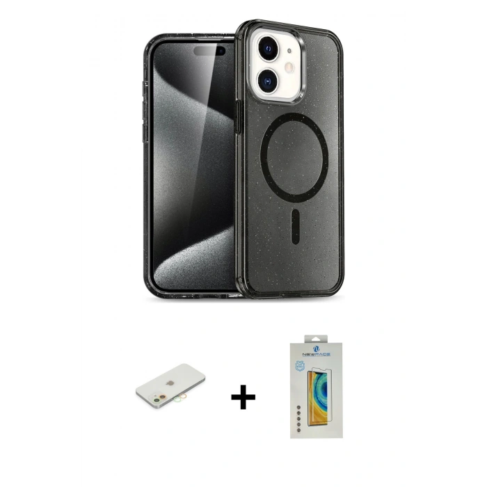 MARSİLYAN™- iPhone 12 Kılıf Nova Asil Prime - Siyah Polymer Nano Ekran Koruyucu + Renkli Kamera Lens Koruma Cam - TU