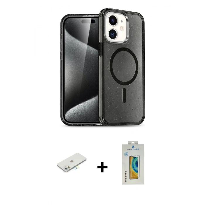 MARSİLYAN™- iPhone 12 Kılıf Nova Asil Prime - Siyah Polymer Nano Ekran Koruyucu + Renkli Kamera Lens Koruma Cam - SI