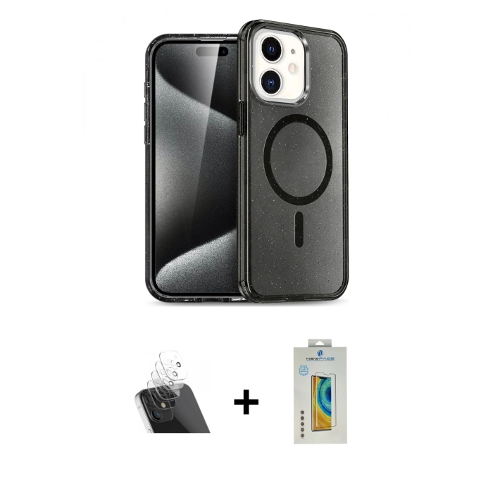 MARSİLYAN™- iPhone 12 Kılıf Nova Asil Prime - Siyah Polymer Nano Ekran Koruyucu + Şeffaf Kamera Lens Koruma Cam