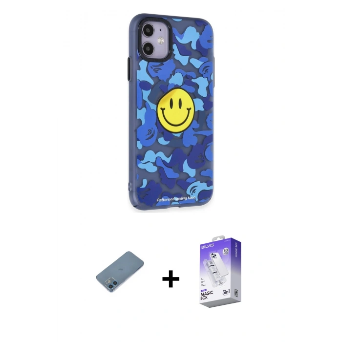 MARSİLYAN™- iPhone 12 Kılıf Nova Doku Koleksiyonu - Siyah Bilvis 5in1 3D Magic Cam Ekran Koruyucu + Mavi Shine Kamera Lens Koruma Cam