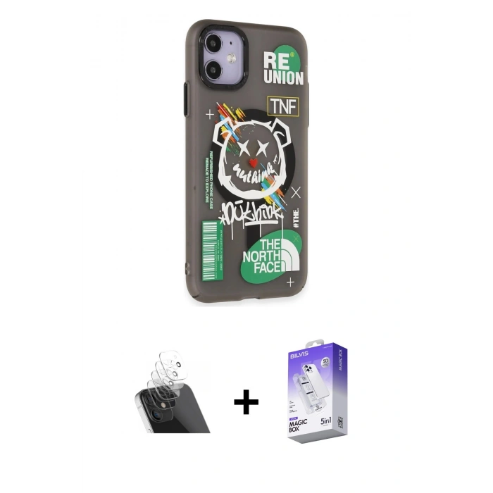 MARSİLYAN™- iPhone 12 Kılıf Nova Doku Koleksiyonu - Siyah Bilvis 5in1 3D Magic Cam Ekran Koruyucu + Şeffaf Kamera Lens Koruma Cam
