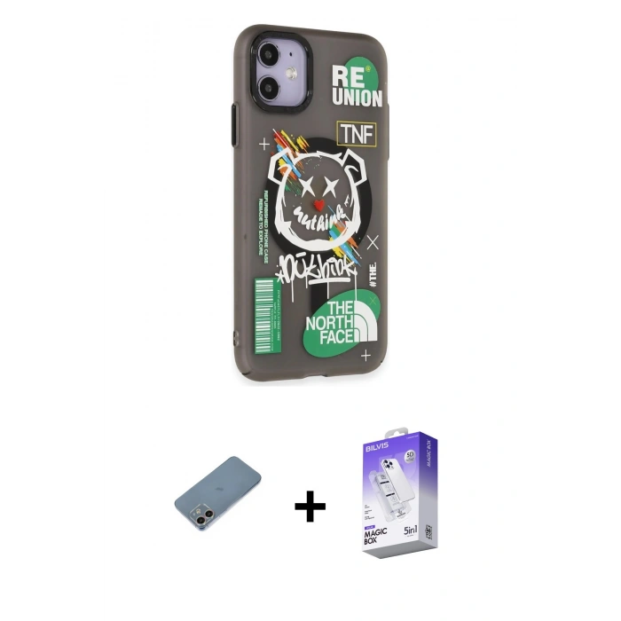 MARSİLYAN™- iPhone 12 Kılıf Nova Doku Koleksiyonu - Siyah Bilvis 5in1 3D Magic Cam Ekran Koruyucu + Shine Kamera Lens Koruma Cam - GI