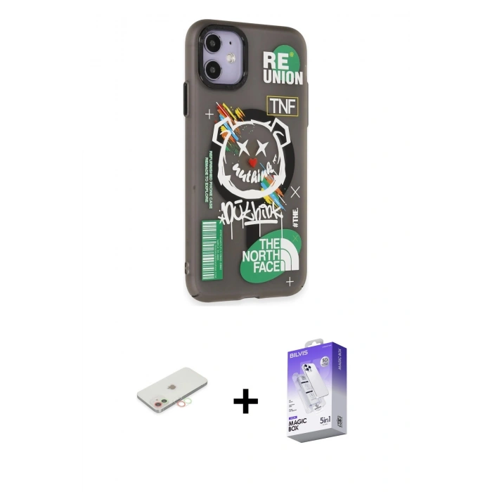 MARSİLYAN™- iPhone 12 Kılıf Nova Doku Koleksiyonu - Siyah Bilvis 5in1 3D Magic Cam Ekran Koruyucu + Renkli Kamera Lens Koruma Cam - YL