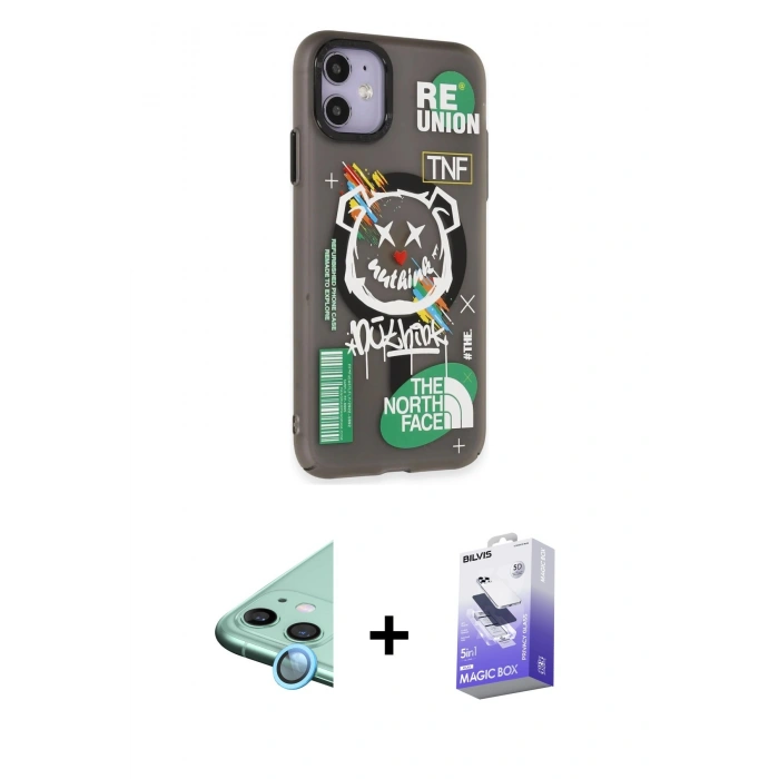 MARSİLYAN™- iPhone 12 Kılıf Nova Doku Koleksiyonu - Siyah Bilvis 5in1 5D Magic Hayalet Cam Ekran Koruyucu + Raze Metal Kamera Lens - MI