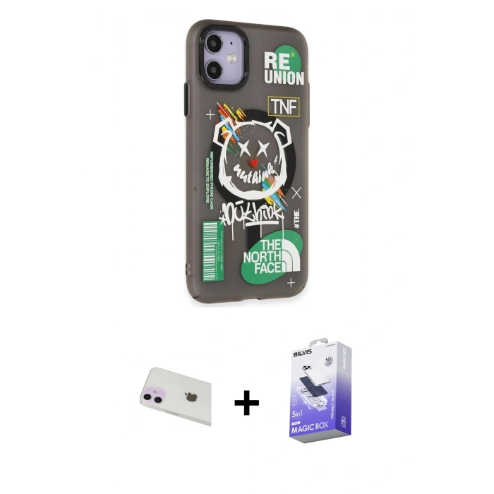 MARSİLYAN™- iPhone 12 Kılıf Nova Doku Koleksiyonu - Siyah Bilvis 5in1 5D Magic Hayalet Cam Ekran Koruyucu + Mor Rainbow Kamera Lens Koruma Cam