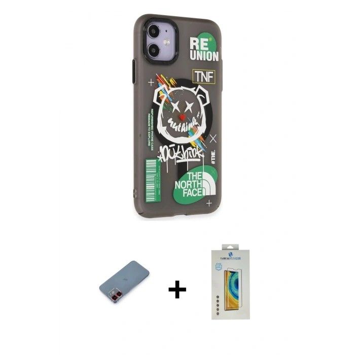MARSİLYAN™- iPhone 12 Kılıf Nova Doku Koleksiyonu - Siyah Polymer Nano Ekran Koruyucu + Metal Kamera Lens Koruma Cam - KI