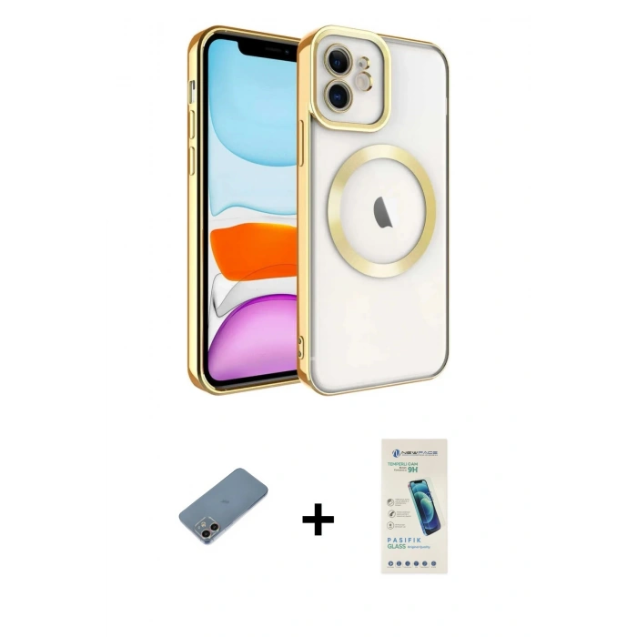 MARSİLYAN™- iPhone 12 Kılıf Nova Işık Özel Seri - Şeffaf Pasifik Cam Ekran Koruyucu + Shine Kamera Lens Koruma Cam - GI