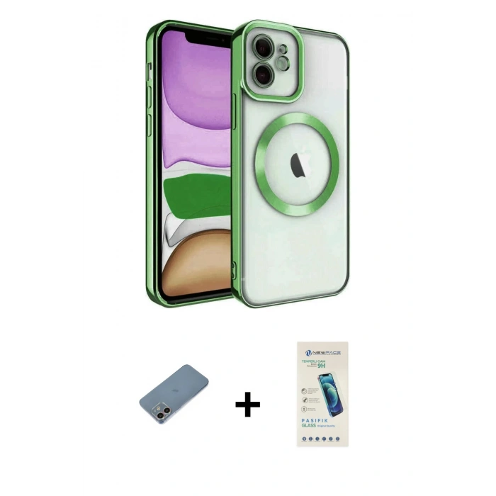 MARSİLYAN™- iPhone 12 Kılıf Nova Işık Özel Seri - Şeffaf Pasifik Cam Ekran Koruyucu + Shine Kamera Lens Koruma Cam - GI