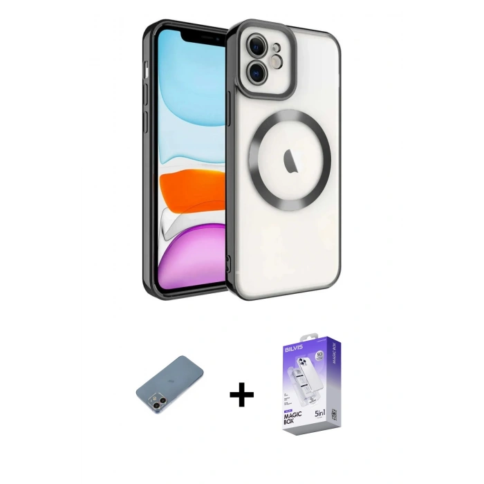MARSİLYAN™- iPhone 12 Kılıf Nova Işık Özel Seri - Siyah Bilvis 5in1 3D Magic Cam Ekran Koruyucu + Shine Kamera Lens Koruma Cam - GI