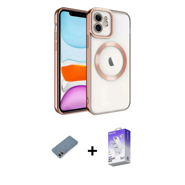 MARSİLYAN™- iPhone 12 Kılıf Nova Işık Özel Seri - Siyah Bilvis 5in1 3D Magic Cam Ekran Koruyucu + Gold Metal Kamera Lens Koruma Cam