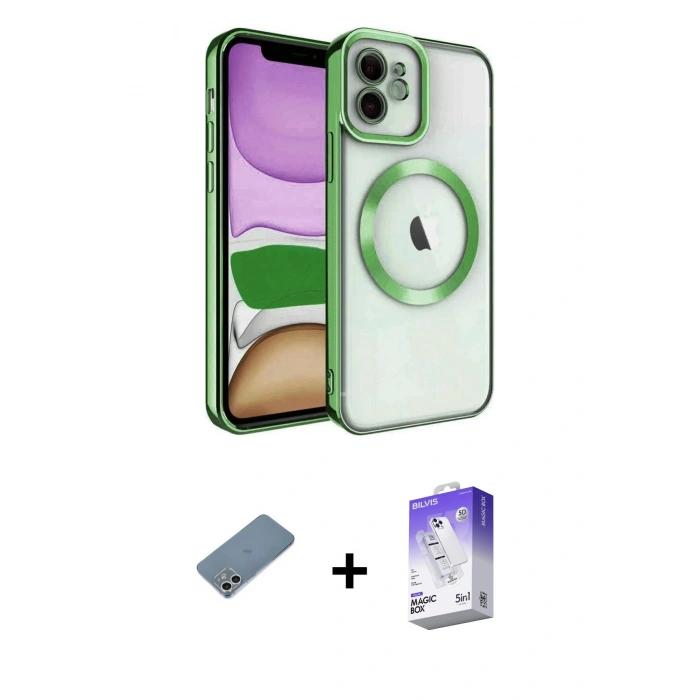 MARSİLYAN™- iPhone 12 Kılıf Nova Işık Özel Seri - Siyah Bilvis 5in1 3D Magic Cam Ekran Koruyucu + Gümüş Shine Kamera Lens Koruma Cam