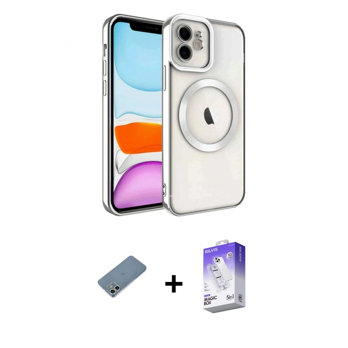 MARSİLYAN™- iPhone 12 Kılıf Nova Işık Özel Seri - Siyah Bilvis 5in1 3D Magic Cam Ekran Koruyucu + Gümüş Shine Kamera Lens Koruma Cam