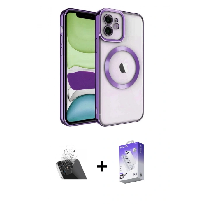 MARSİLYAN™- iPhone 12 Kılıf Nova Işık Özel Seri - Siyah Bilvis 5in1 3D Magic Cam Ekran Koruyucu + Kamera Lens Koruma Cam - SF