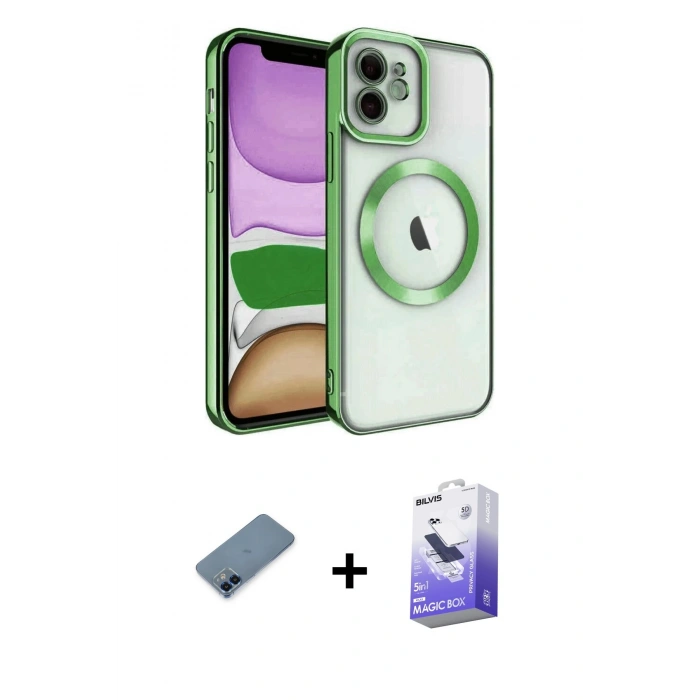 MARSİLYAN™- iPhone 12 Kılıf Nova Işık Özel Seri - Siyah Bilvis 5in1 5D Magic Hayalet Cam Ekran Koruyucu + Metal Kamera Lens Koruma Cam - MI