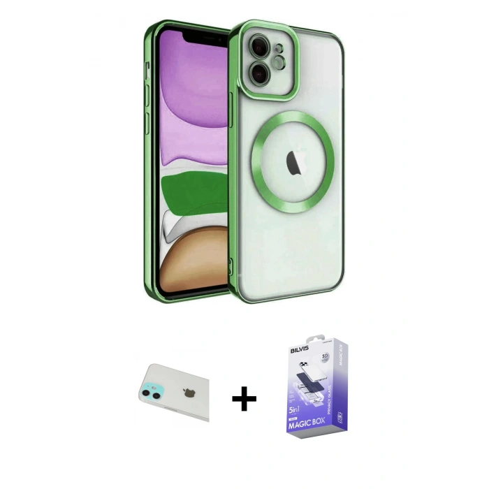 MARSİLYAN™- iPhone 12 Kılıf Nova Işık Özel Seri - Siyah Bilvis 5in1 5D Magic Hayalet Cam Ekran Koruyucu + Yeşil Rainbow Kamera Lens Koruma Cam