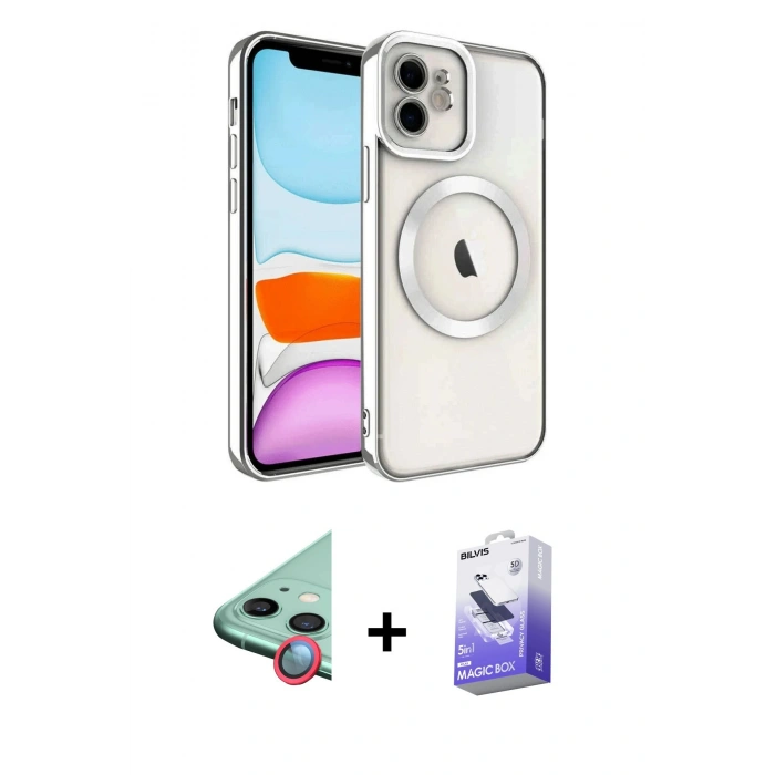 MARSİLYAN™- iPhone 12 Kılıf Nova Işık Özel Seri - Siyah Bilvis 5in1 5D Magic Hayalet Cam Ekran Koruyucu + Raze Metal Kamera Lens - KI