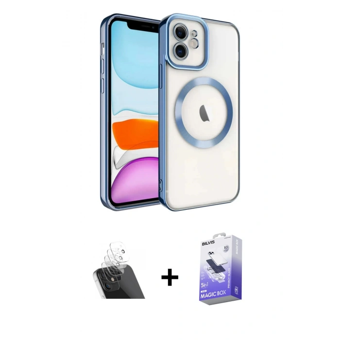 MARSİLYAN™- iPhone 12 Kılıf Nova Işık Özel Seri - Siyah Bilvis 5in1 5D Magic Hayalet Cam Ekran Koruyucu + Şeffaf Kamera Lens Koruma Cam