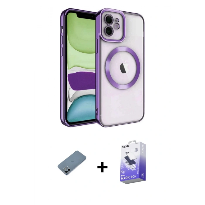 MARSİLYAN™- iPhone 12 Kılıf Nova Işık Özel Seri - Siyah Bilvis 5in1 5D Magic Hayalet Cam Ekran Koruyucu + Shine Kamera Lens Koruma Cam - SABE
