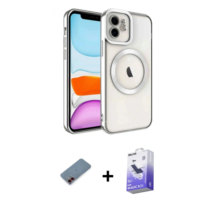 MARSİLYAN™- iPhone 12 Kılıf Nova Işık Özel Seri - Siyah Bilvis 5in1 5D Magic Hayalet Cam Ekran Koruyucu + Metal Kamera Lens Koruma Cam - KI