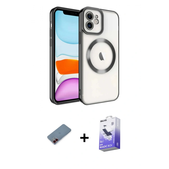 MARSİLYAN™- iPhone 12 Kılıf Nova Işık Özel Seri - Siyah Bilvis 5in1 5D Magic Hayalet Cam Ekran Koruyucu + Metal Kamera Lens Koruma Cam - KI