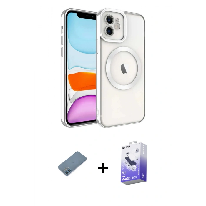 MARSİLYAN™- iPhone 12 Kılıf Nova Işık Özel Seri - Siyah Bilvis 5in1 5D Magic Hayalet Cam Ekran Koruyucu + Shine Kamera Lens Koruma Cam - MI