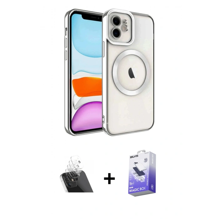 MARSİLYAN™- iPhone 12 Kılıf Nova Işık Özel Seri - Siyah Bilvis 5in1 5D Magic Hayalet Cam Ekran Koruyucu + Şeffaf Kamera Lens Koruma Cam