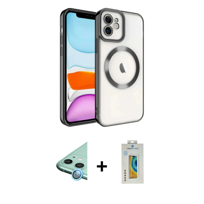 MARSİLYAN™- iPhone 12 Kılıf Nova Işık Özel Seri - Siyah Polymer Nano Ekran Koruyucu + Raze Metal Kamera Lens - MI