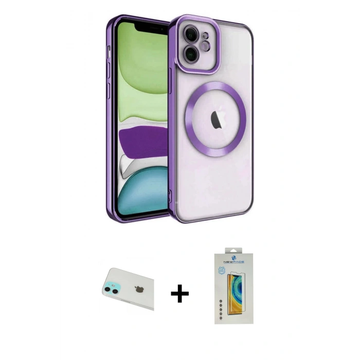 MARSİLYAN™- iPhone 12 Kılıf Nova Işık Özel Seri - Siyah Polymer Nano Ekran Koruyucu + Rainbow Kamera Lens Koruma Cam - YL