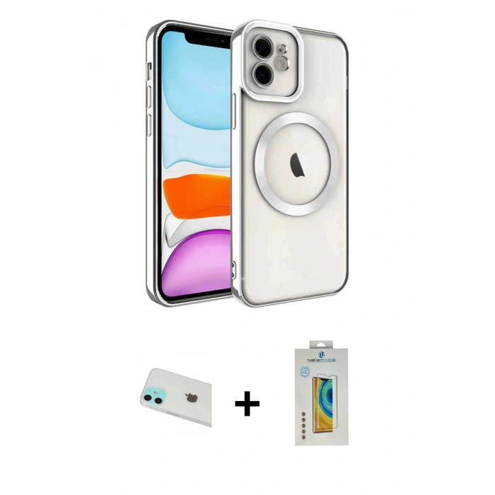 MARSİLYAN™- iPhone 12 Kılıf Nova Işık Özel Seri - Siyah Polymer Nano Ekran Koruyucu + Rainbow Kamera Lens Koruma Cam - YL