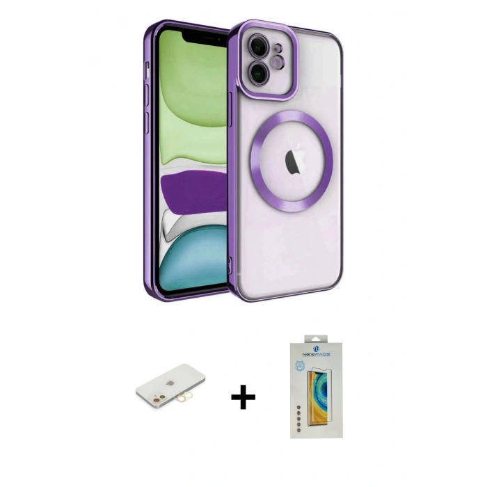 MARSİLYAN™- iPhone 12 Kılıf Nova Işık Özel Seri - Siyah Polymer Nano Ekran Koruyucu + Renkli Kamera Lens Koruma Cam - SI