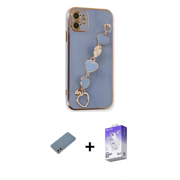 MARSİLYAN™- iPhone 12 Kılıf Nova Işık Prime - Siyah Bilvis 5in1 3D Magic Cam Ekran Koruyucu + Gümüş Shine Kamera Lens Koruma Cam