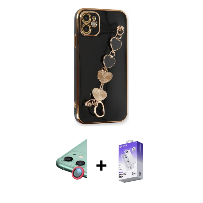 MARSİLYAN™- iPhone 12 Kılıf Nova Işık Prime - Siyah Bilvis 5in1 3D Magic Cam Ekran Koruyucu + Raze Metal Kamera Lens - KI
