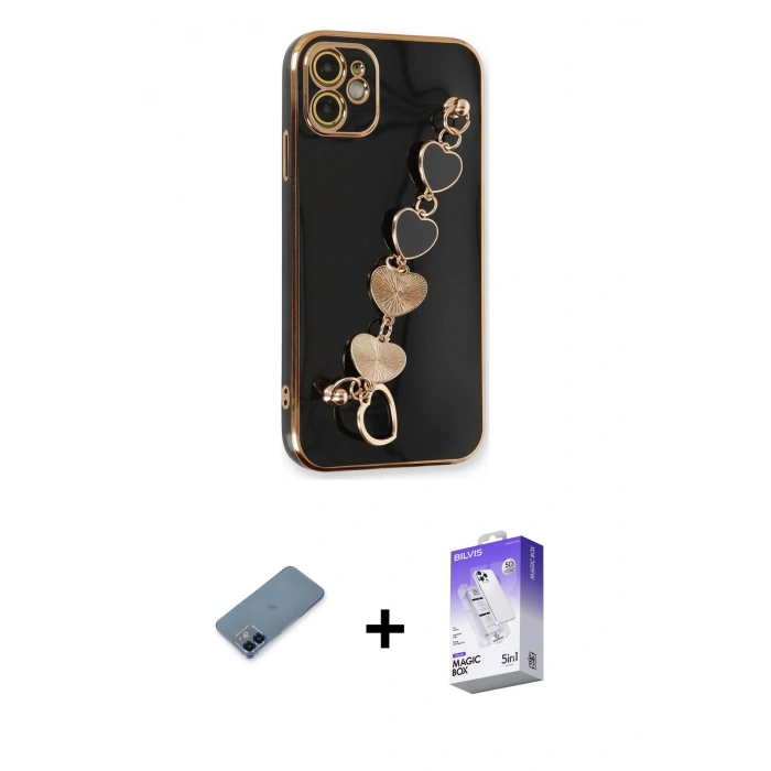 MARSİLYAN™- iPhone 12 Kılıf Nova Işık Prime - Siyah Bilvis 5in1 3D Magic Cam Ekran Koruyucu + Metal Kamera Lens Koruma Cam - MI
