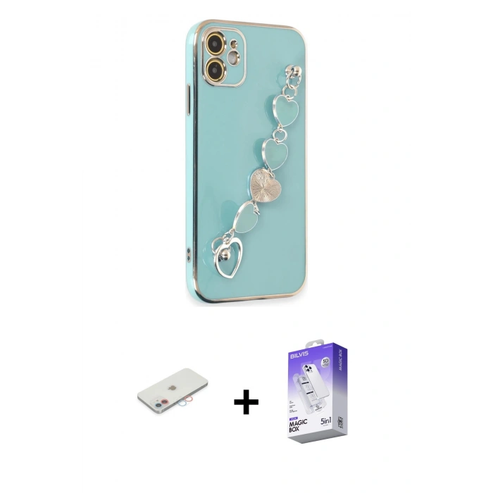 MARSİLYAN™- iPhone 12 Kılıf Nova Işık Prime - Siyah Bilvis 5in1 3D Magic Cam Ekran Koruyucu + Pembe Renkli Kamera Lens Koruma Cam