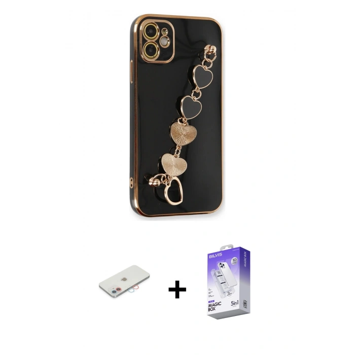 MARSİLYAN™- iPhone 12 Kılıf Nova Işık Prime - Siyah Bilvis 5in1 3D Magic Cam Ekran Koruyucu + Renkli Kamera Lens Koruma Cam - PE