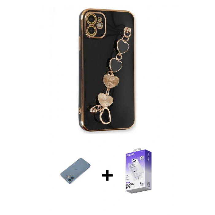 MARSİLYAN™- iPhone 12 Kılıf Nova Işık Prime - Siyah Bilvis 5in1 3D Magic Cam Ekran Koruyucu + Shine Kamera Lens Koruma Cam - MI