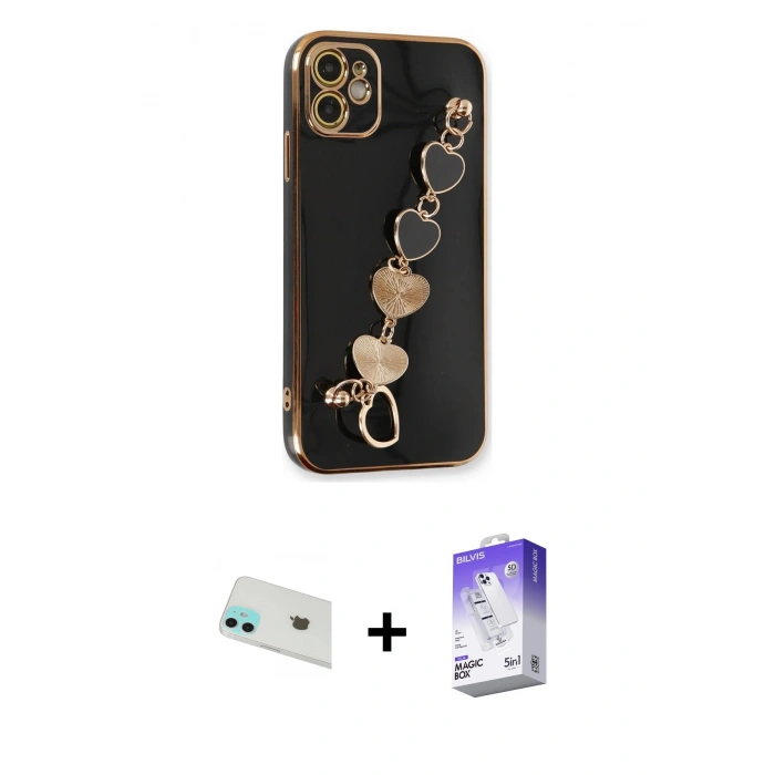 MARSİLYAN™- iPhone 12 Kılıf Nova Işık Prime - Siyah Bilvis 5in1 3D Magic Cam Ekran Koruyucu + Rainbow Kamera Lens Koruma Cam - YL