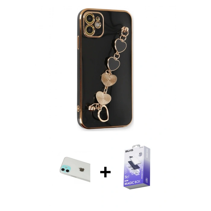 MARSİLYAN™- iPhone 12 Kılıf Nova Işık Prime - Siyah Bilvis 5in1 5D Magic Hayalet Cam Ekran Koruyucu + Rainbow Kamera Lens Koruma Cam - YL