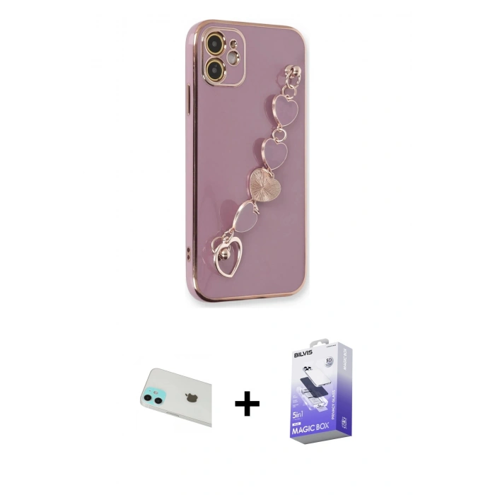 MARSİLYAN™- iPhone 12 Kılıf Nova Işık Prime - Siyah Bilvis 5in1 5D Magic Hayalet Cam Ekran Koruyucu + Rainbow Kamera Lens Koruma Cam - YL