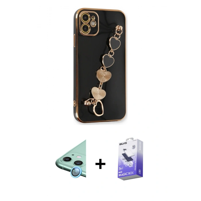 MARSİLYAN™- iPhone 12 Kılıf Nova Işık Prime - Siyah Bilvis 5in1 5D Magic Hayalet Cam Ekran Koruyucu + Raze Metal Kamera Lens - MI